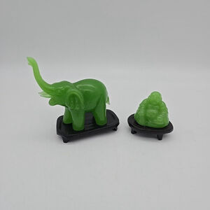 Lot of 2 Chinese Faux Jade Resin Buddha & Elephant Figure on Wood Stand